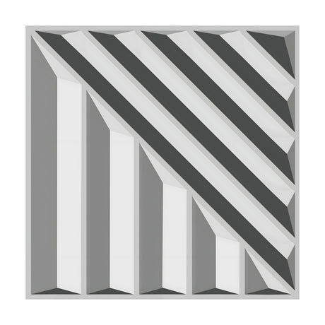 White 3D PVC wall panel, 50 x 50cm, with vertical ribs stepping down in height beside parallel diagonal ribs split across the square, shown on a plain background.