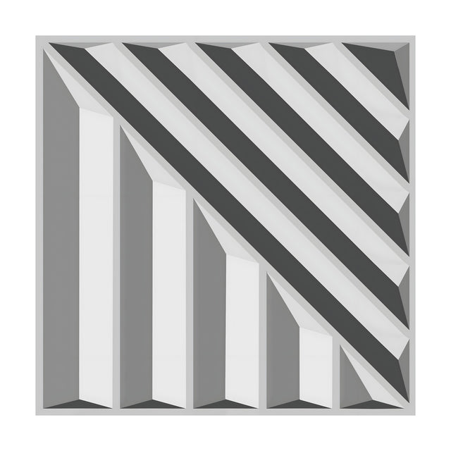 White 3D PVC wall panel, 50 x 50cm, with vertical ribs stepping down in height beside parallel diagonal ribs split across the square, shown on a plain background.