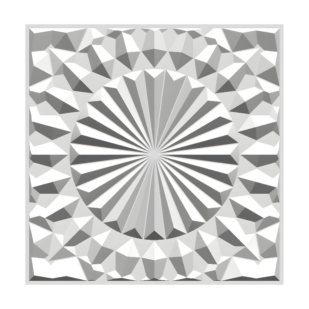 White PVC 3D wall panel, 50 x 50cm square, with a central radiating sunburst medallion surrounded by faceted geometric relief, shown on a plain background.