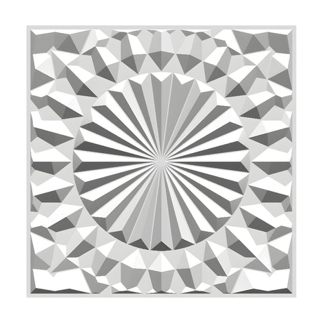 White PVC 3D wall panel, 50 x 50cm square, with a central radiating sunburst medallion surrounded by faceted geometric relief, shown on a plain background.