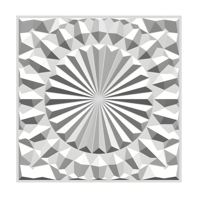 White PVC 3D wall panel, 50 x 50cm square, with a central radiating sunburst medallion surrounded by faceted geometric relief, shown on a plain background.