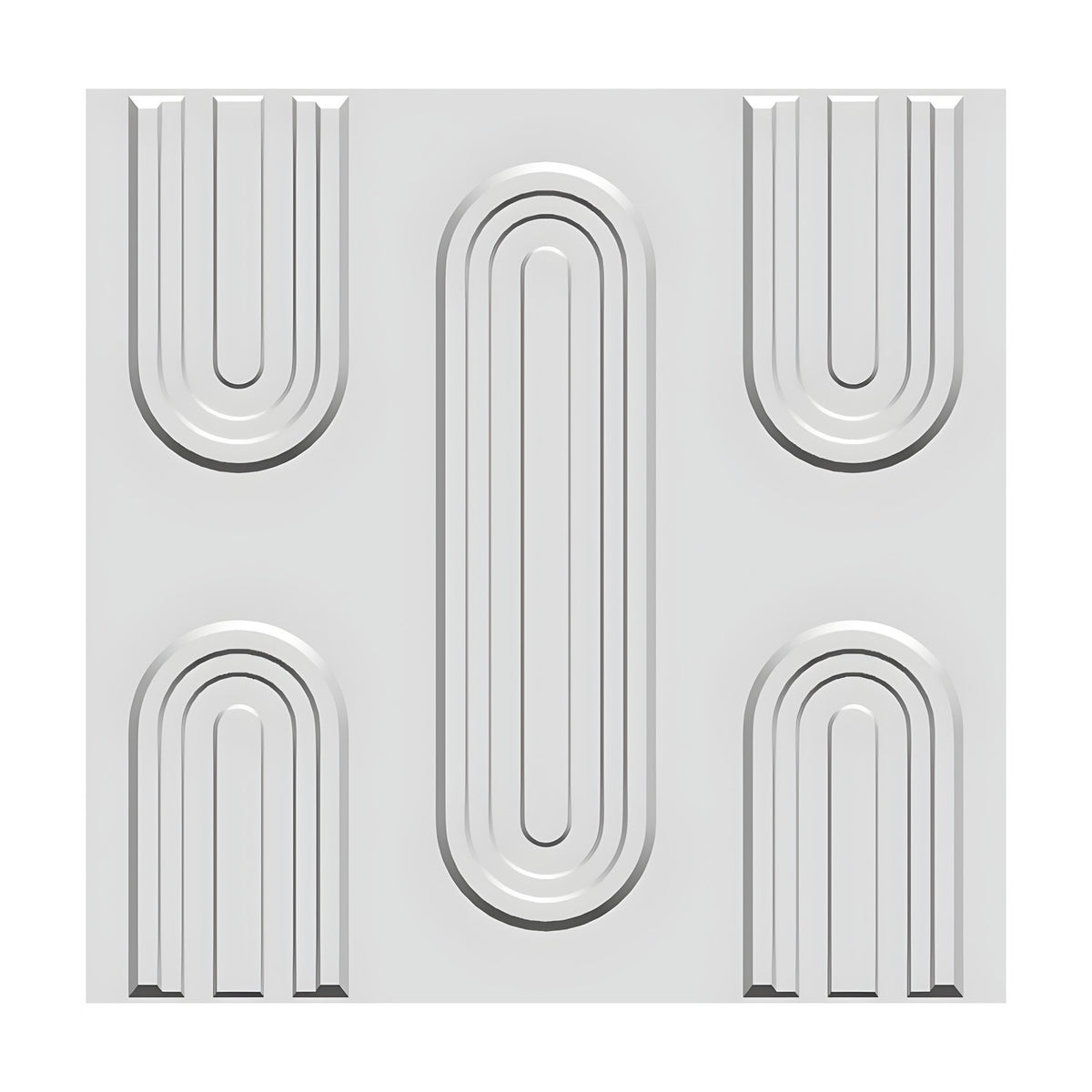 White PVC 3D wall panel, 50 x 50cm square, featuring offset concentric capsule shapes in three columns with nested outlines, shown on a plain white background.