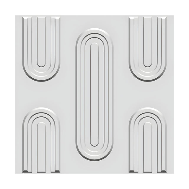 White PVC 3D wall panel, 50 x 50cm square, featuring offset concentric capsule shapes in three columns with nested outlines, shown on a plain white background.