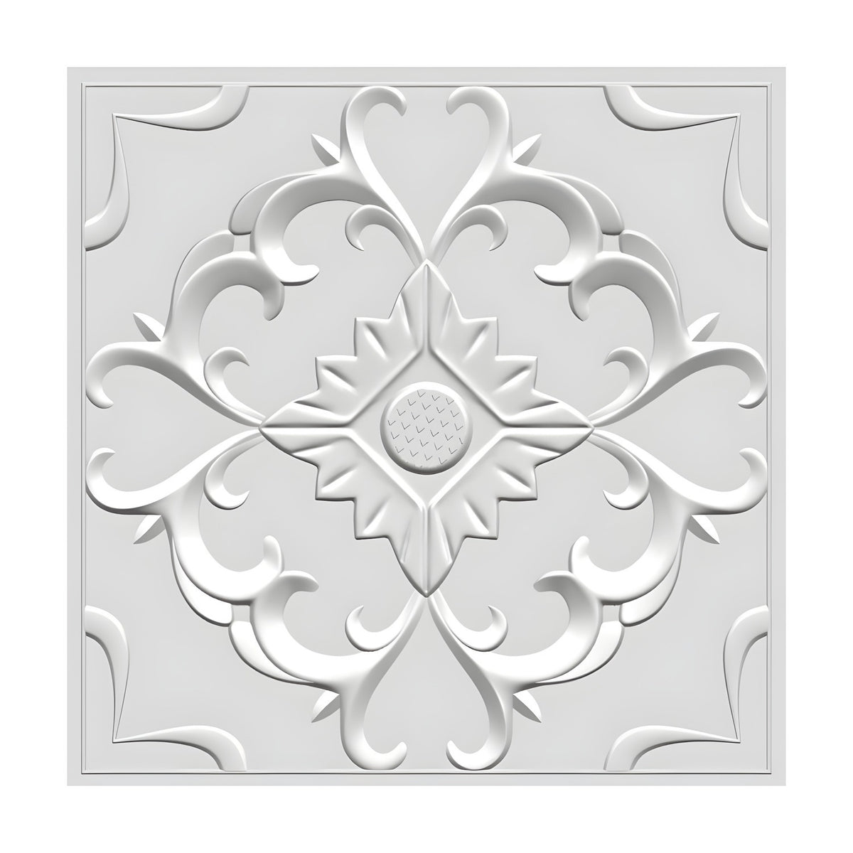 White PVC 3D wall panel, 50 x 50cm, with a central leaf scroll medallion, textured round boss, and quarter corner scrolls, shown on a plain white background.