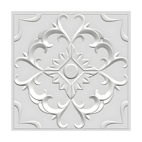 White PVC 3D wall panel, 50 x 50cm, with a central leaf scroll medallion, textured round boss, and quarter corner scrolls, shown on a plain white background.