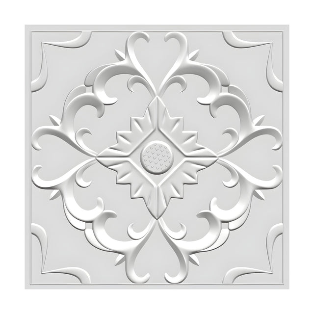 White PVC 3D wall panel, 50 x 50cm, with a central leaf scroll medallion, textured round boss, and quarter corner scrolls, shown on a plain white background.