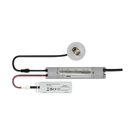 ESP Duceri 3W LED emergency downlight with white bezel, wired control gear module and lithium battery pack, shown on a plain white background.