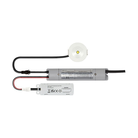 ESP Duceri 3W LED emergency downlight with white bezel, lithium battery pack, control module and connecting cables on a plain white background.
