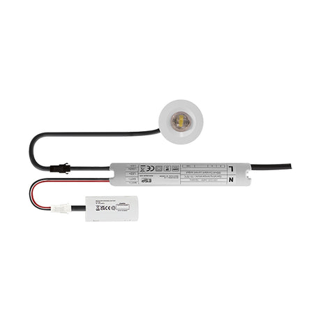 ESP Duceri emergency downlight with white recessed LED bezel, driver unit and lithium battery pack on a plain white background.