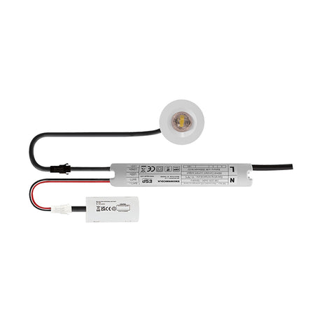 ESP Duceri 5W LED emergency downlight with white bezel, corridor lens, driver unit and lithium battery pack on a plain white background.