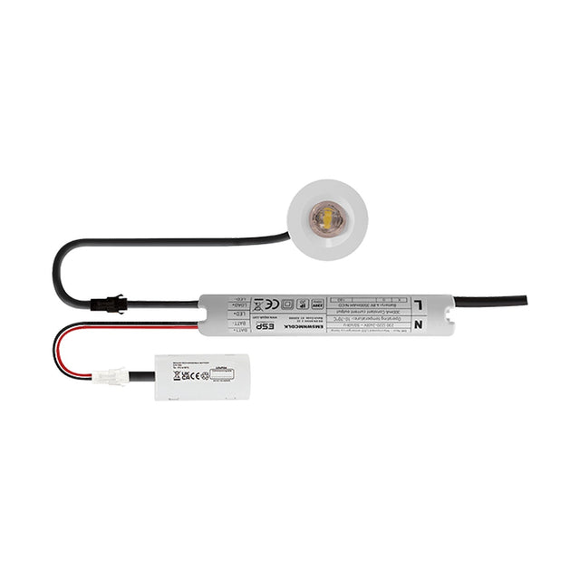 ESP Duceri 5W LED emergency downlight with white bezel, corridor lens, driver unit and lithium battery pack on a plain white background.