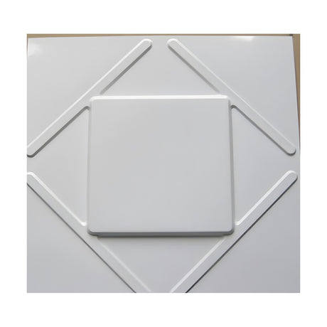 White 3D PVC wall panel featuring a raised square with rounded corners centred within a diagonal diamond outline of narrow bars, 50 x 50cm, shown on a plain light background.