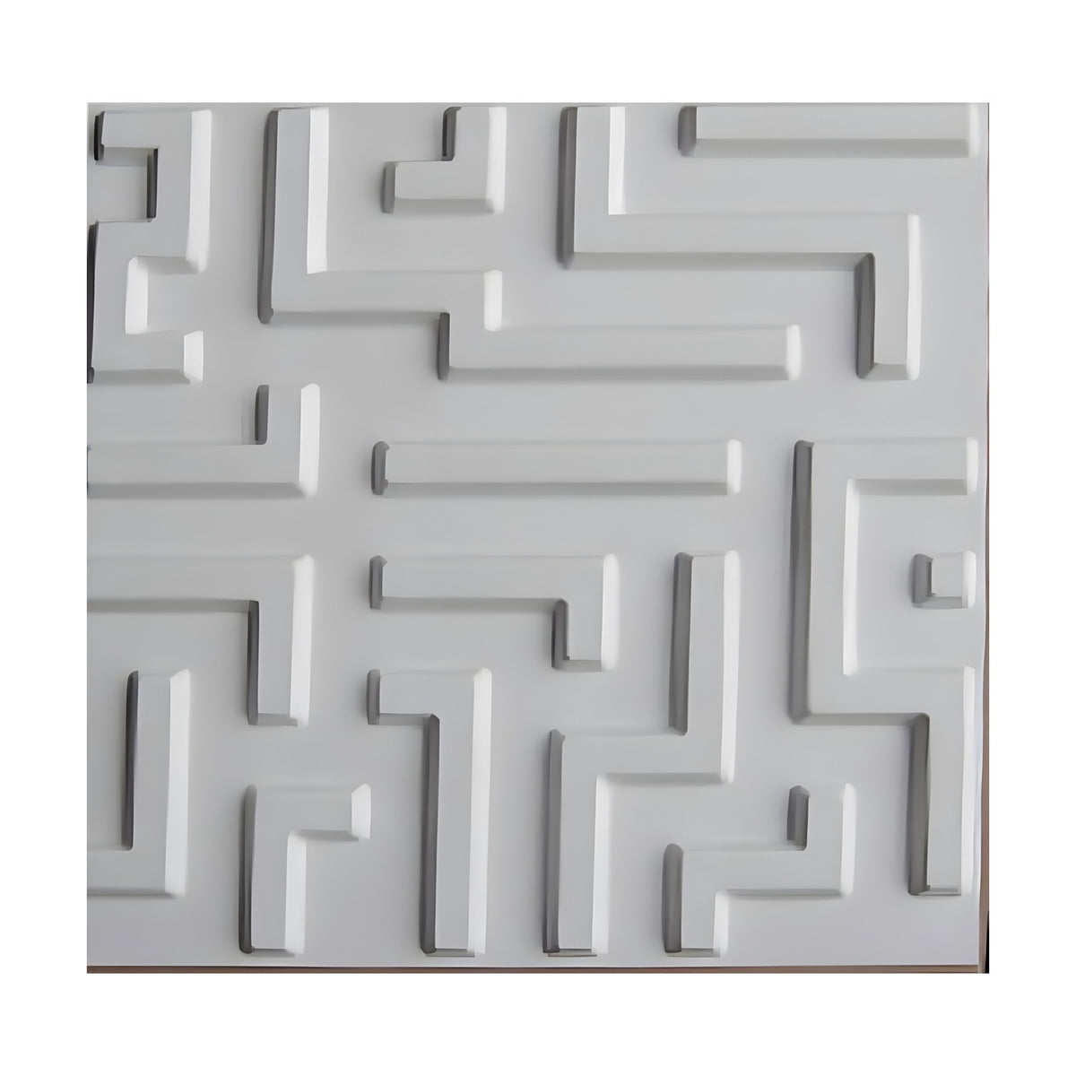 White PVC 3D wall panel, 50 x 50cm, with raised flat-topped bars forming angular maze-like L shapes and straight runs, plain background.
