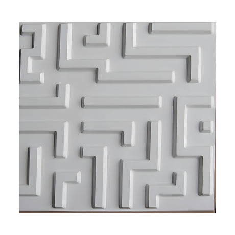 White PVC 3D wall panel, 50 x 50cm, with raised flat-topped bars forming angular maze-like L shapes and straight runs, plain background.