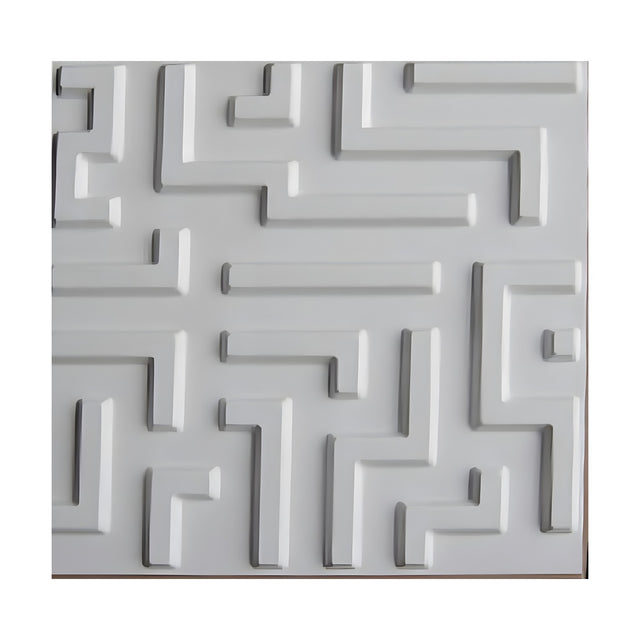 White PVC 3D wall panel, 50 x 50cm, with raised flat-topped bars forming angular maze-like L shapes and straight runs, plain background.