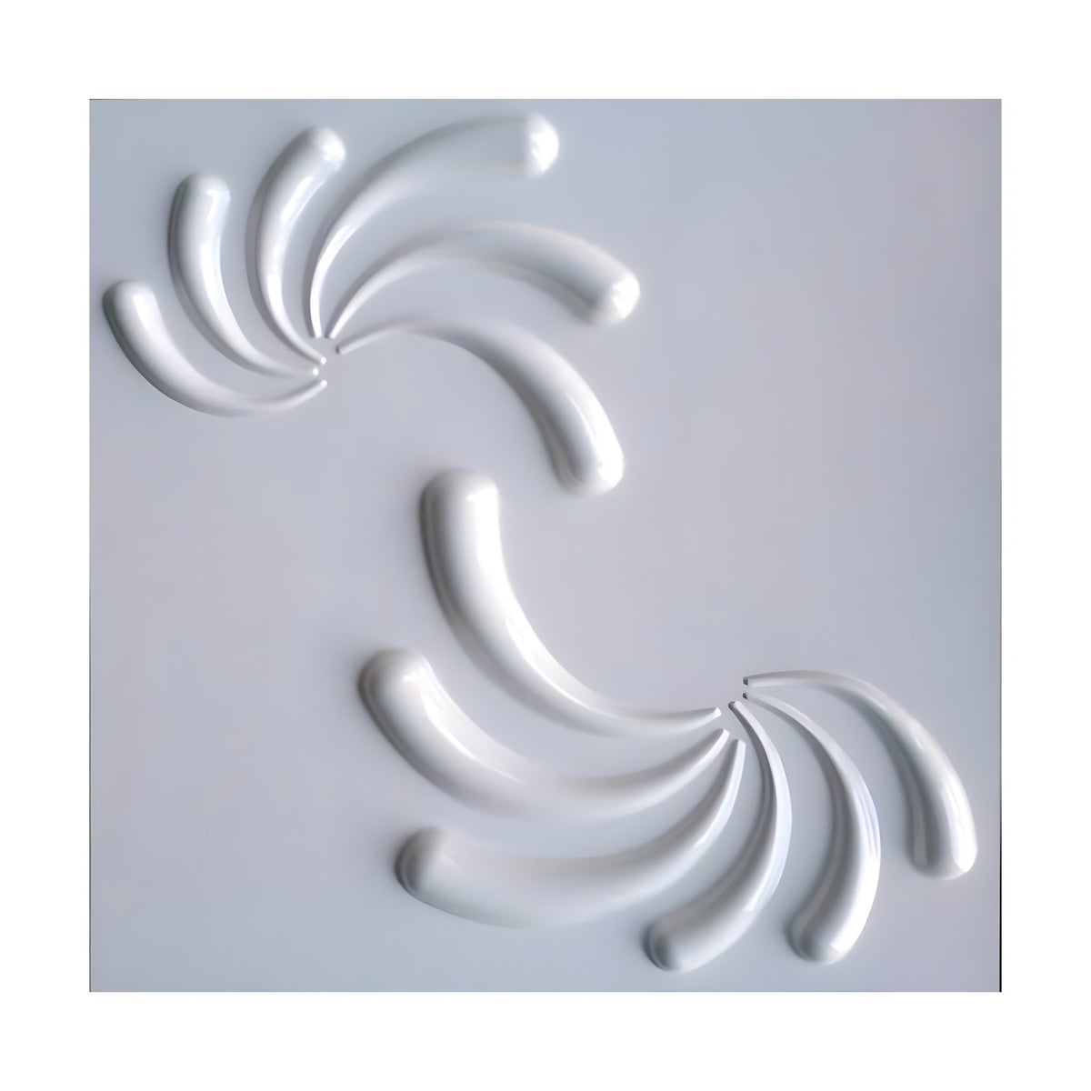 White PVC 3D wall panel, 50 x 50cm, featuring two diagonally placed pinwheel clusters of curved tapering strokes on a smooth flat ground.
