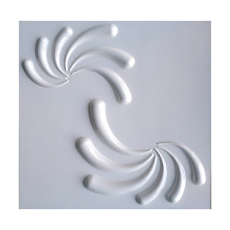 White PVC 3D wall panel, 50 x 50cm, featuring two diagonally placed pinwheel clusters of curved tapering strokes on a smooth flat ground.