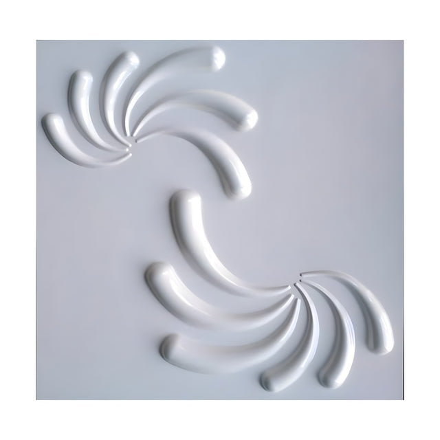 White PVC 3D wall panel, 50 x 50cm, featuring two diagonally placed pinwheel clusters of curved tapering strokes on a smooth flat ground.