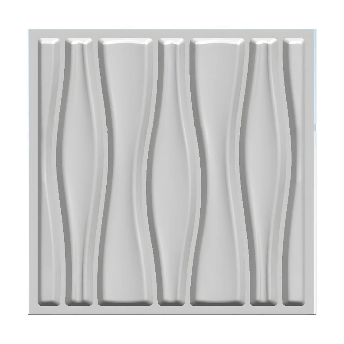 White PVC 3D wall panel, 50 x 50cm, with seven curved vertical bands alternating swelling and hourglass shapes, rounded tips, shown on a plain background.