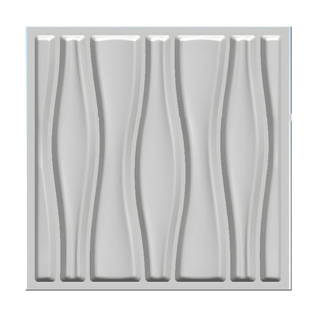 White PVC 3D wall panel, 50 x 50cm, with seven curved vertical bands alternating swelling and hourglass shapes, rounded tips, shown on a plain background.