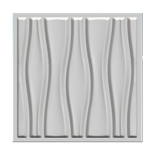 White PVC 3D wall panel, 50 x 50cm, with seven curved vertical bands alternating swelling and hourglass shapes, rounded tips, shown on a plain background.