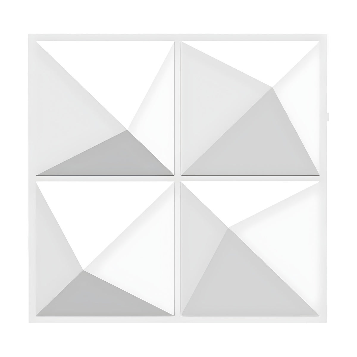 White PVC 3D wall panel, 50 x 50cm, with four asymmetric square pyramids in a grid of two rows, off-centre peaks creating faceted grey and white triangular shading.
