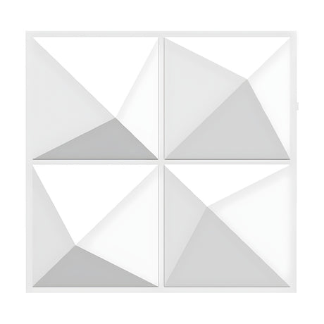 White PVC 3D wall panel, 50 x 50cm, with four asymmetric square pyramids in a grid of two rows, off-centre peaks creating faceted grey and white triangular shading.