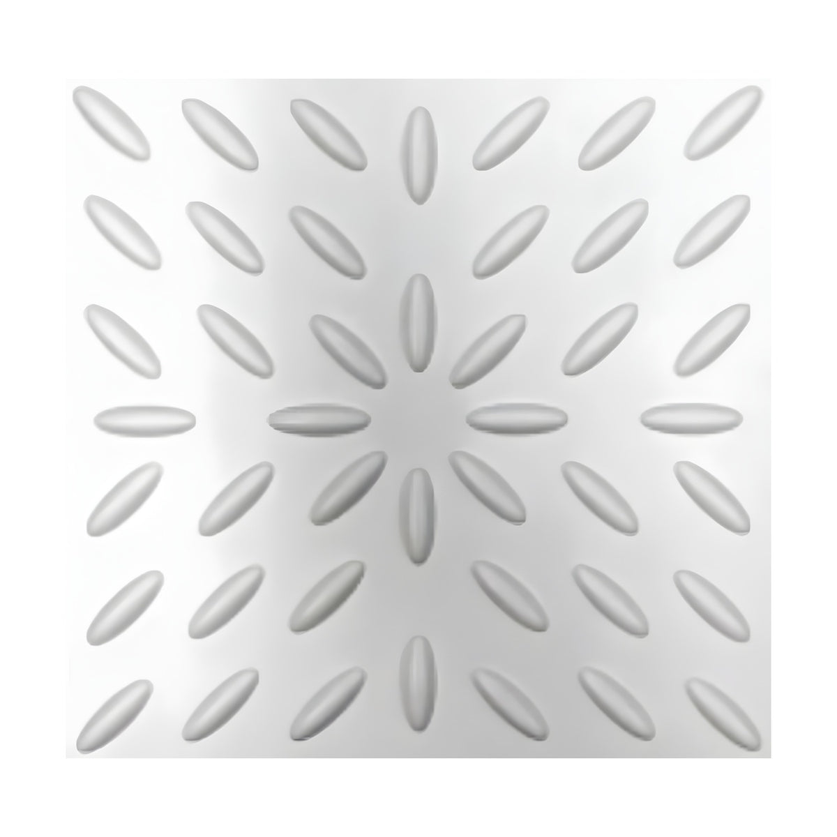 White square 3D PVC wall panel, 50 x 50cm, with raised oval shapes radiating diagonally and vertically from a central starburst pattern.