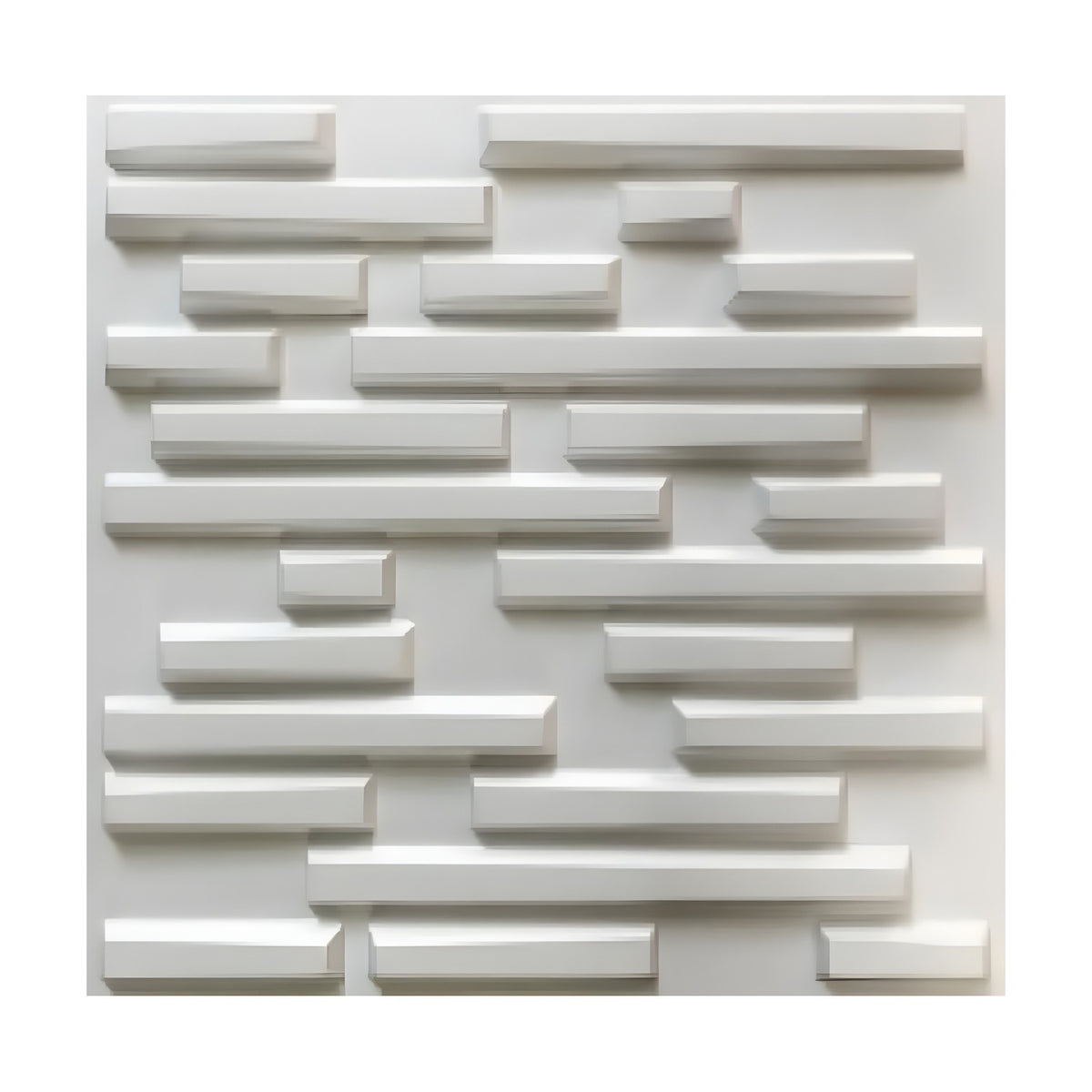 White PVC 3D wall panel, 50 x 50cm, with raised staggered bars of random length in bevelled-end rows, creating a brick-like textured surface.