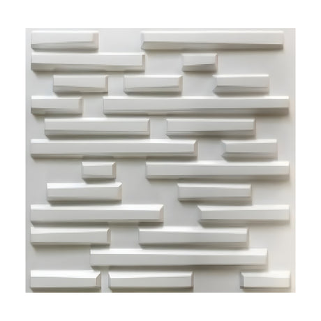 White PVC 3D wall panel, 50 x 50cm, with raised staggered bars of random length in bevelled-end rows, creating a brick-like textured surface.