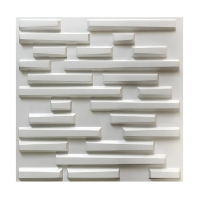 White PVC 3D wall panel, 50 x 50cm, with raised staggered bars of random length in bevelled-end rows, creating a brick-like textured surface.