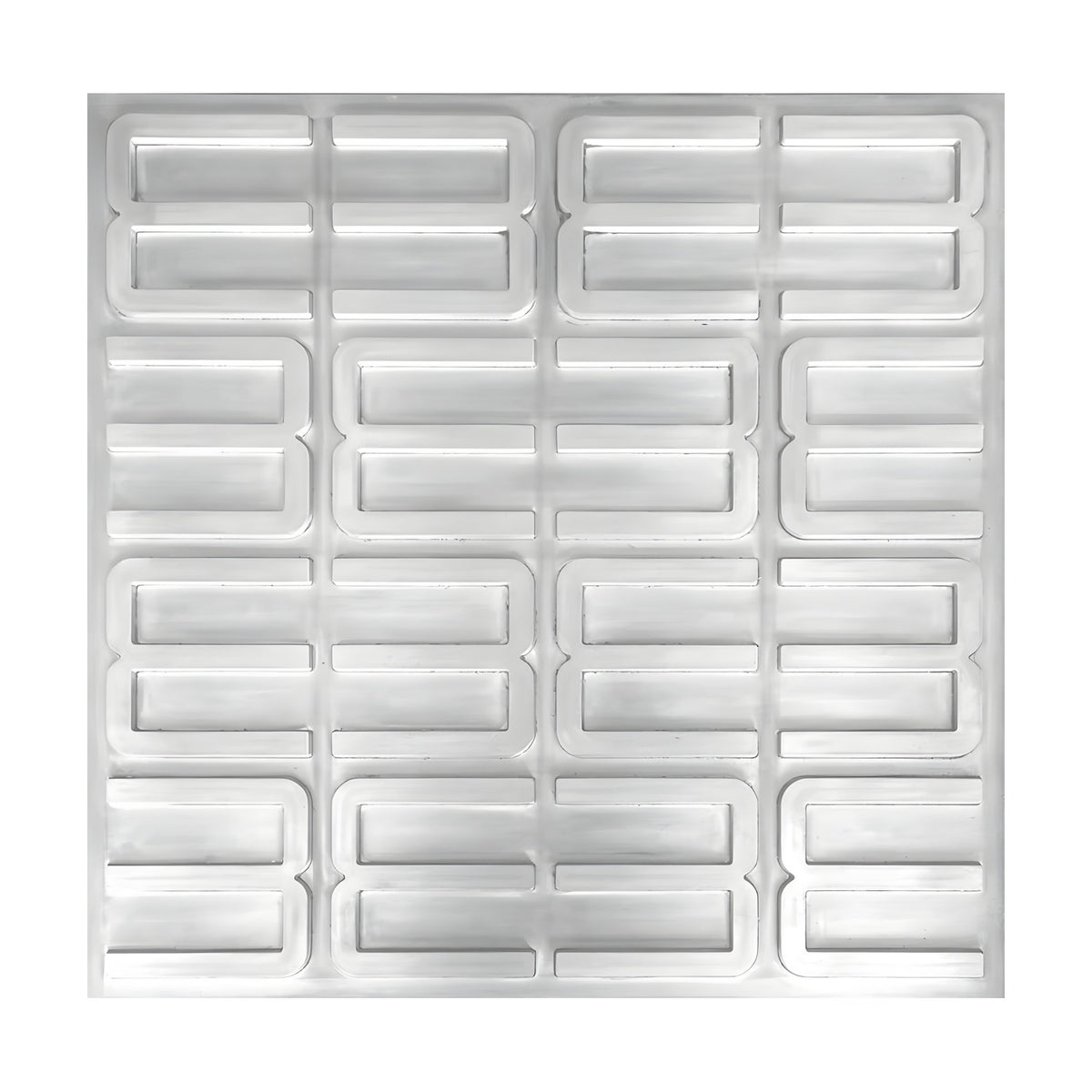 White PVC 3D wall panel, 50 x 50cm, with raised geometric figure-of-eight frames in offset rows, shown on a plain white background.