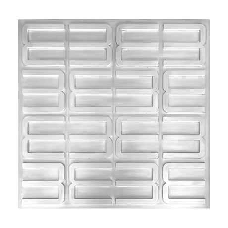 White PVC 3D wall panel, 50 x 50cm, with raised geometric figure-of-eight frames in offset rows, shown on a plain white background.