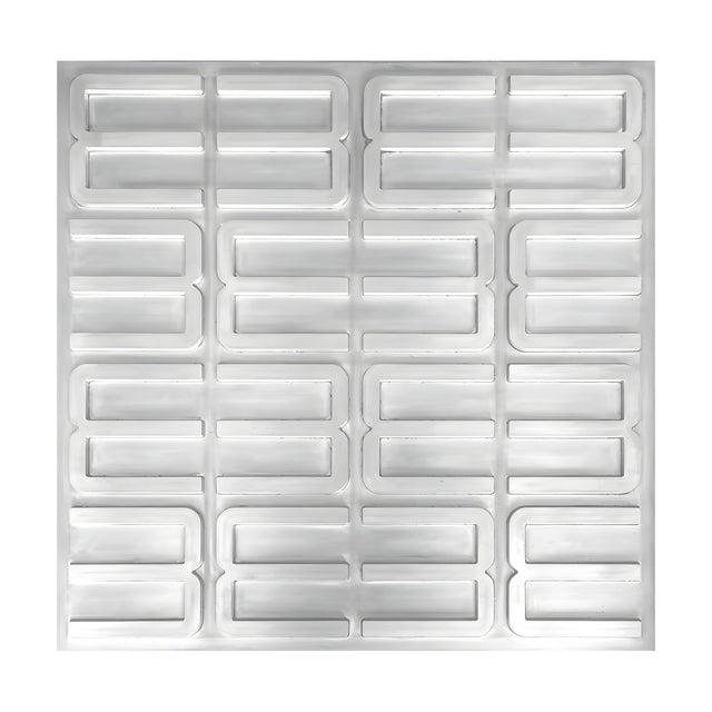 White PVC 3D wall panel, 50 x 50cm, with raised geometric figure-of-eight frames in offset rows, shown on a plain white background.