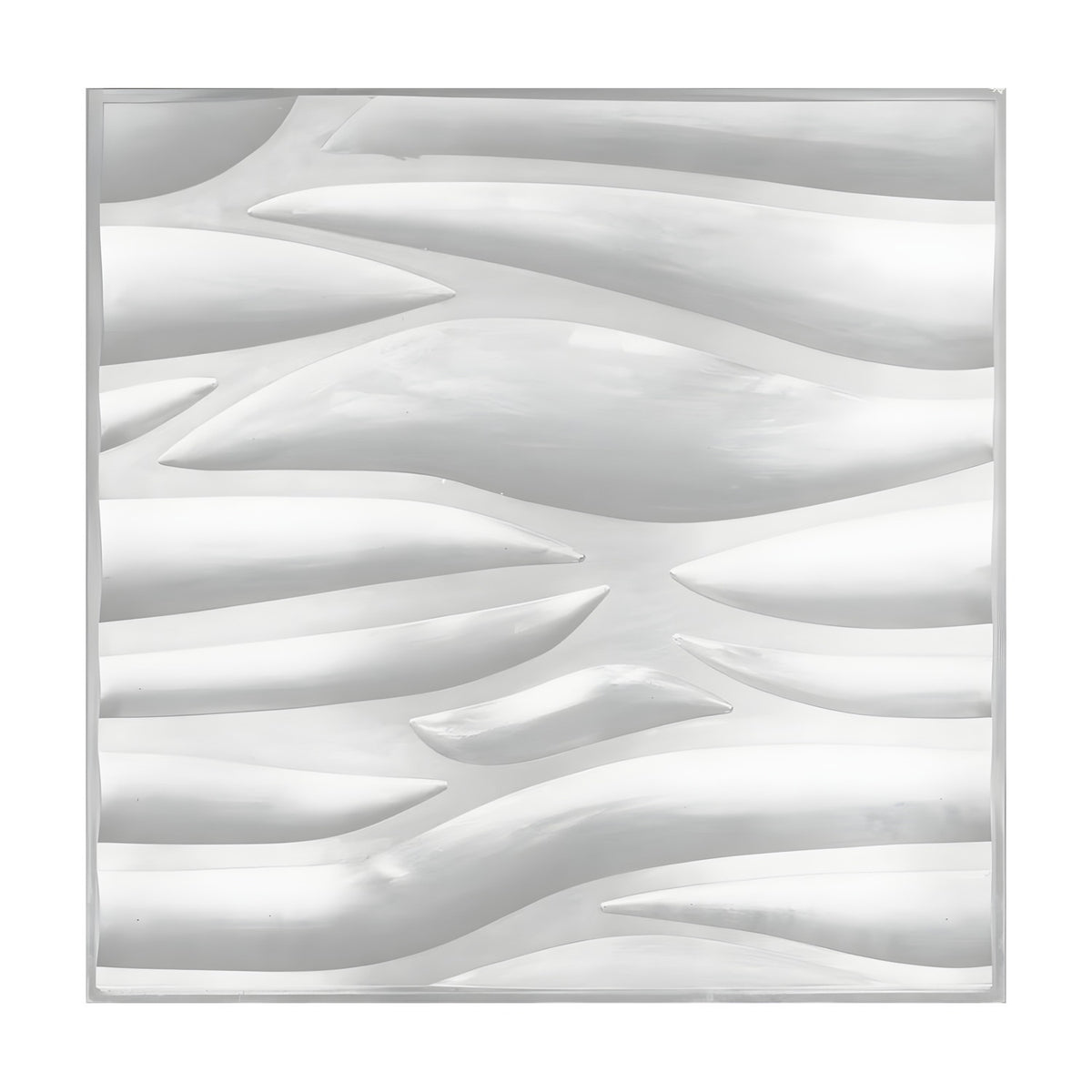White PVC 3D wall panel, 50 x 50cm, featuring tapered wave-like relief forms in staggered overlapping bands, shown against a plain white background.