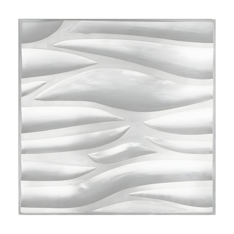 White PVC 3D wall panel, 50 x 50cm, featuring tapered wave-like relief forms in staggered overlapping bands, shown against a plain white background.
