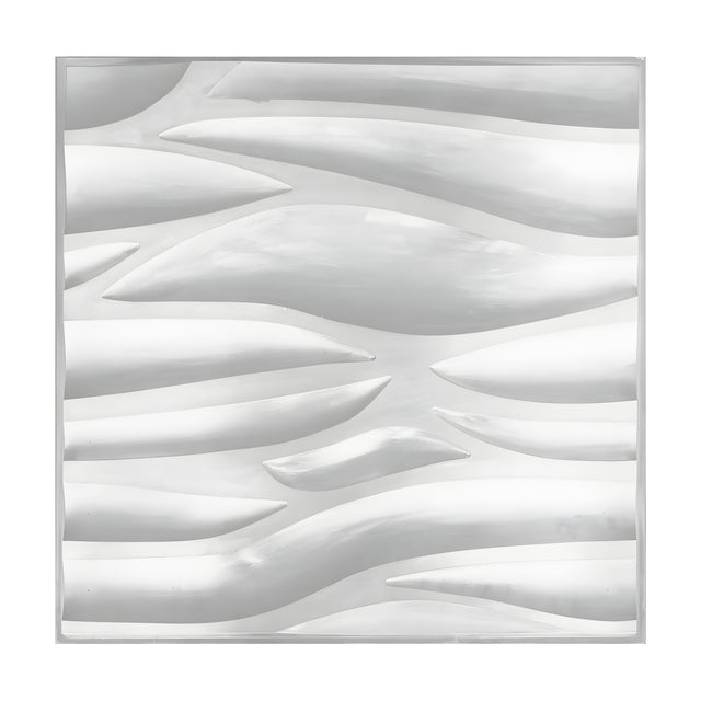 White PVC 3D wall panel, 50 x 50cm, featuring tapered wave-like relief forms in staggered overlapping bands, shown against a plain white background.