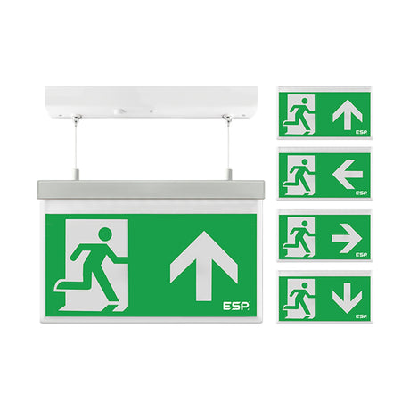 ESP Duceri hanging LED emergency exit sign in white with green running man legend and interchangeable directional arrows, shown on a plain background.