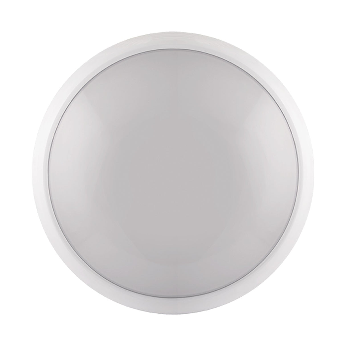ESP Duceri circular LED bulkhead in white polycarbonate with domed diffuser and microwave sensor, 14W CCT IP65 rated, shown on a plain background.
