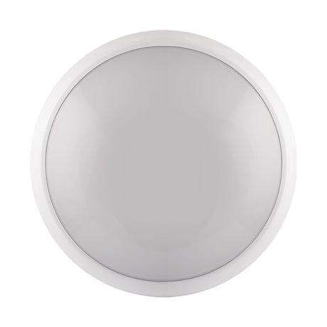 ESP Duceri circular LED bulkhead in white polycarbonate with domed diffuser and microwave sensor, 14W CCT IP65 rated, shown on a plain background.