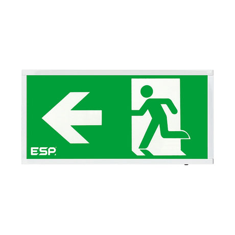 ESP Duceri self test surface exit box with 3W LED, white frame and green left arrow legend showing running figure, on a plain background.