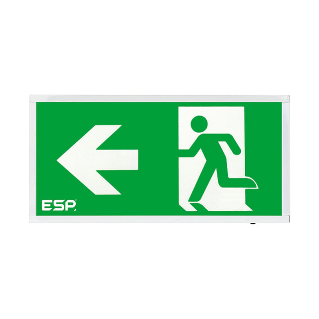 ESP Duceri self test surface exit box with 3W LED, white frame and green left arrow legend showing running figure, on a plain background.