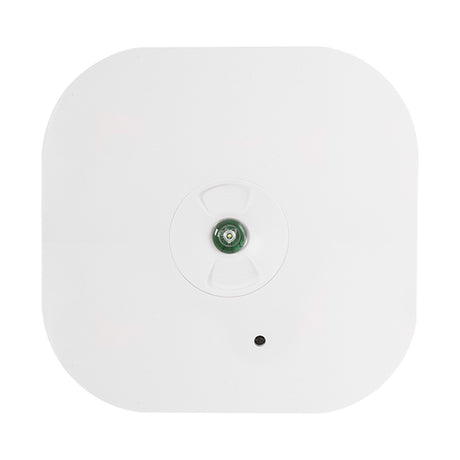 ESP Duceri square white surface-mount emergency LED downlight with central lens and self test indicator, 3W IP44, on a plain white background.