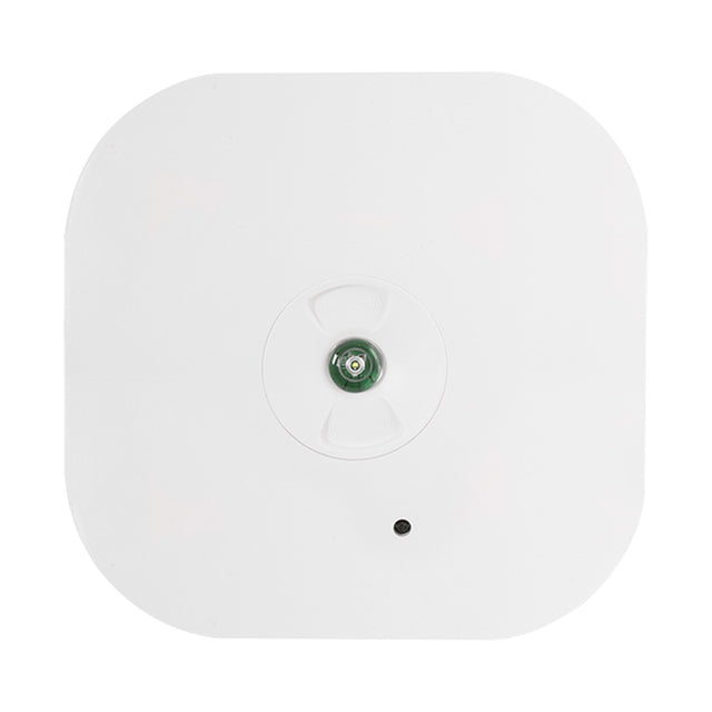 ESP Duceri square white surface-mount emergency LED downlight with central lens and self test indicator, 3W IP44, on a plain white background.