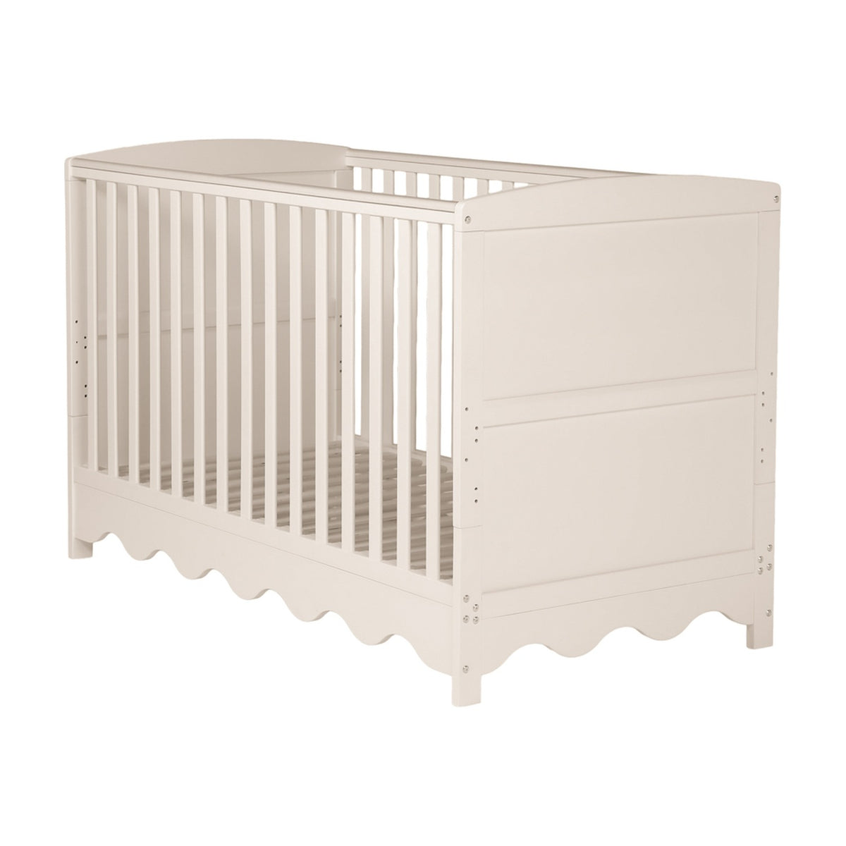 Dancer cot bed in Cashmere finish with vertical slatted sides, wavy base panel and MDF frame, shown from an angled view on a plain white background.