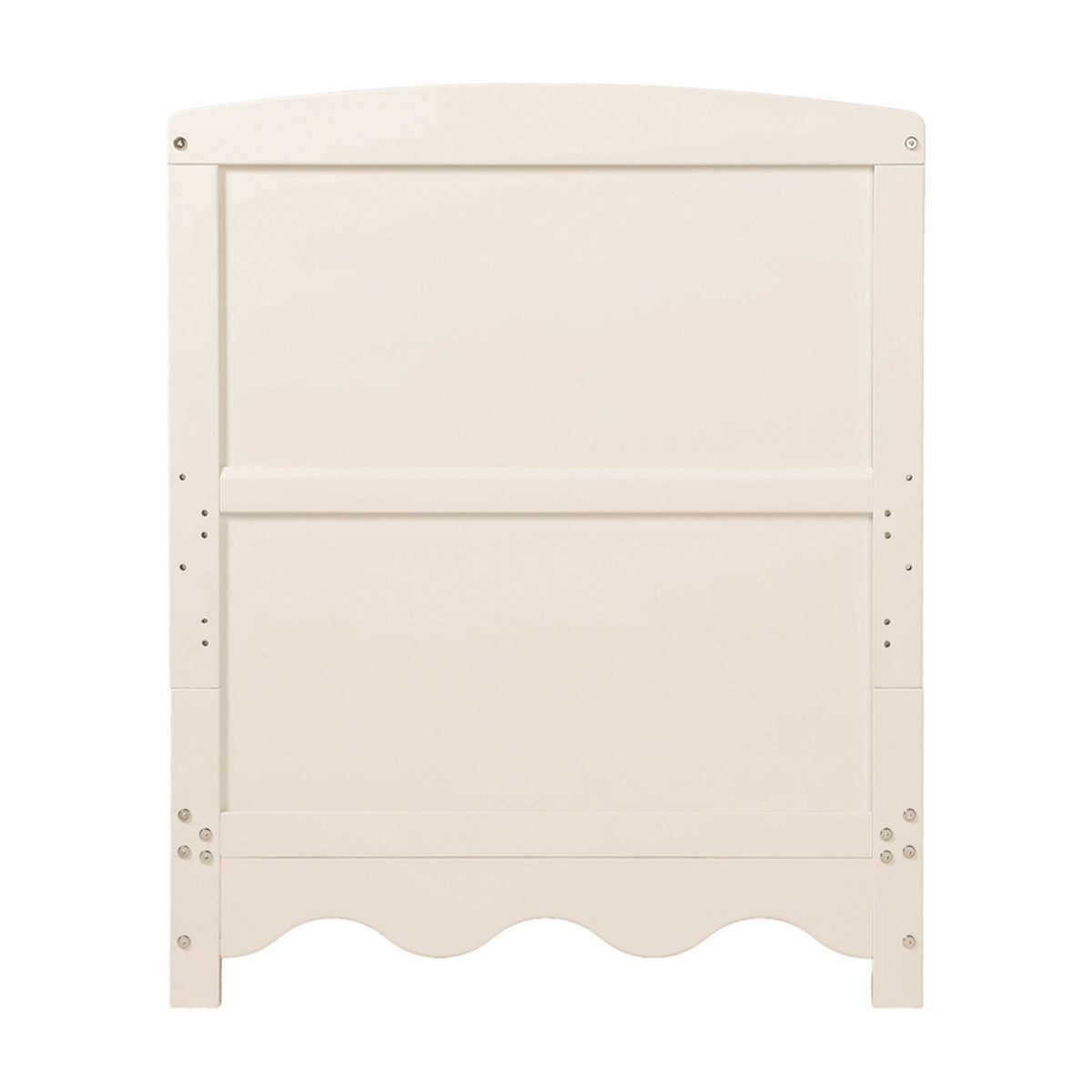 Rear view of the Dancer cot bed headboard from the 3 piece nursery furniture set in Cashmere, showing an arched top panel with a scalloped base on a plain white background.