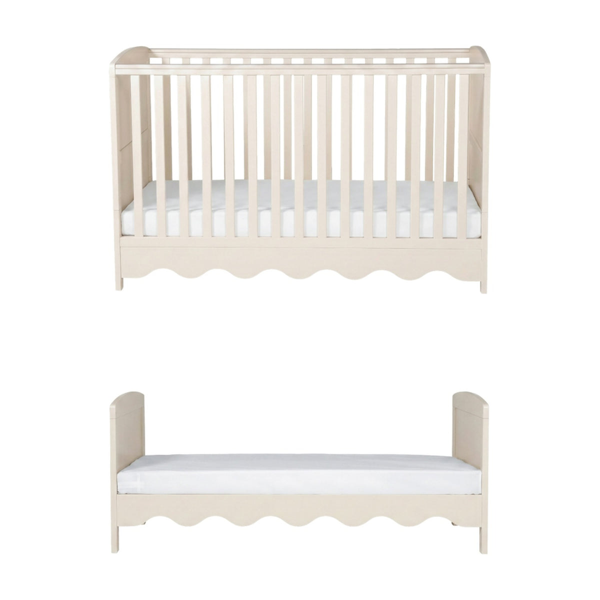 Dancer Convertible Cot Bed & 3 Position Base in cashmere finish, shown as a slatted cot with scalloped base and as a toddler bed with headboard and footboard, on a white background.