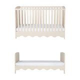 Dancer Convertible Cot Bed & 3 Position Base in cashmere finish, shown as a slatted cot with scalloped base and as a toddler bed with headboard and footboard, on a white background.