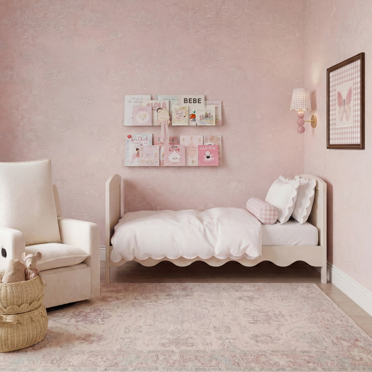 Dancer Convertible Cot Bed in cashmere with scalloped base edge and white bedding, shown as a toddler bed in a pink nursery setting.
