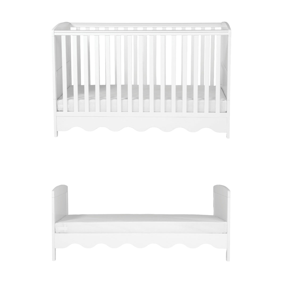 Dancer Convertible Cot Bed in white MDF with slatted sides and scalloped base, shown above as a toddler bed with matching headboard and footboard, on a plain white background.